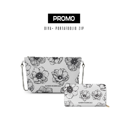 Promo diva + Portafoglio Zip bianca Drowing Flowers