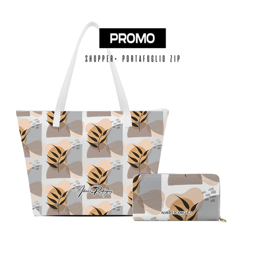 Promo Maxi Shopper + Portafoglio Zip Bianco Abstract Plant